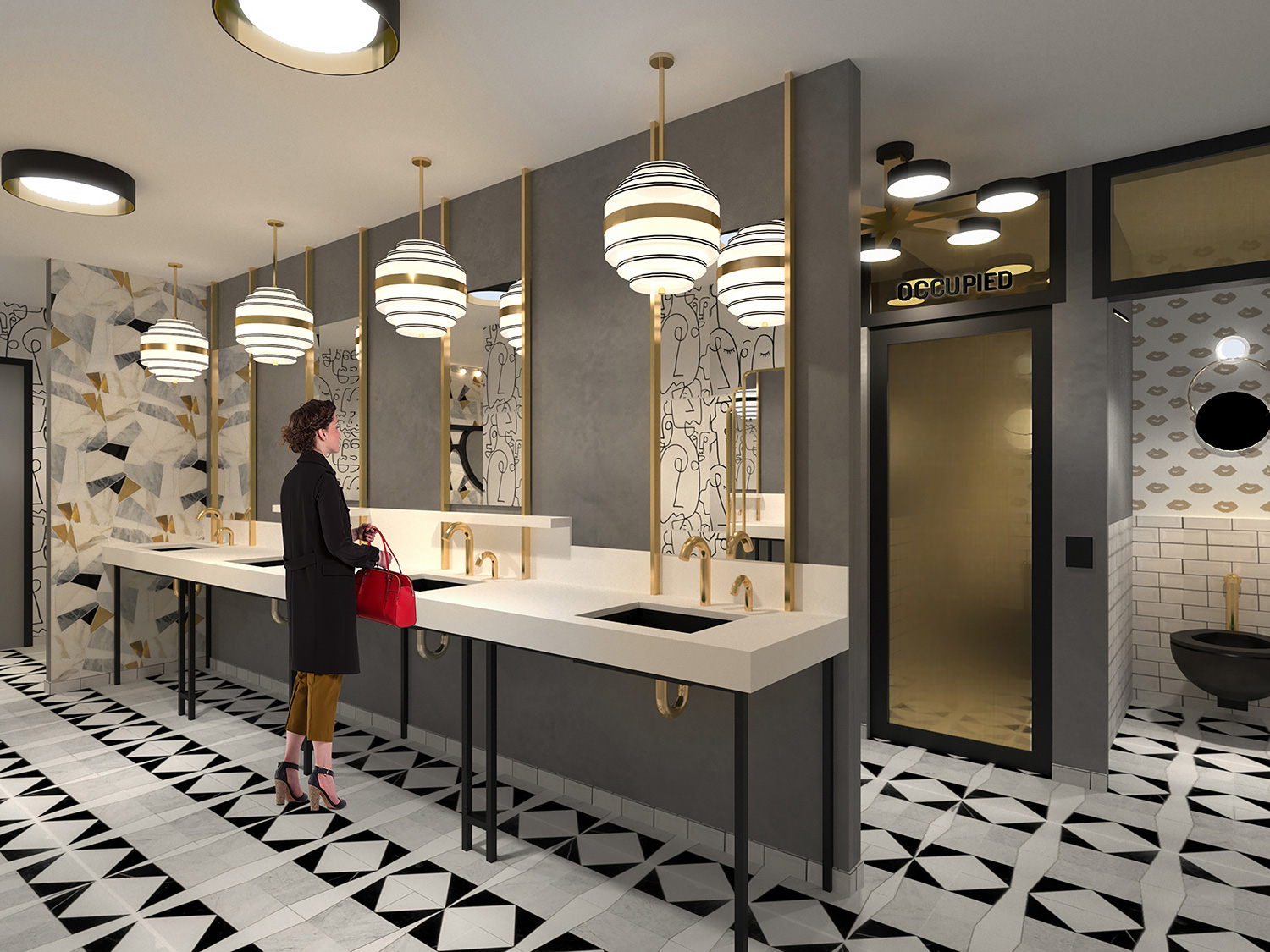 View of Public Restroom Vanity and Stalls.